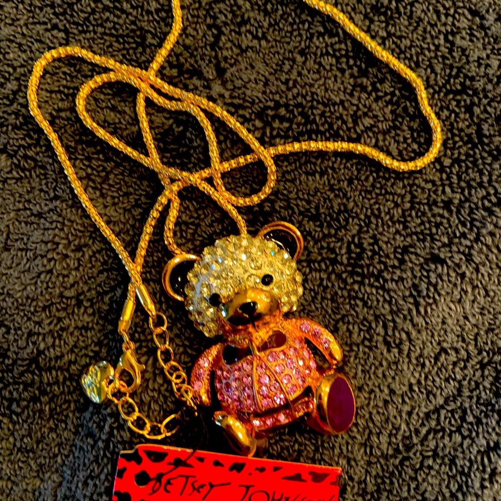 On sale! BJ bear necklace, pink, purple, clear rhinestones. Drop is 12” long.